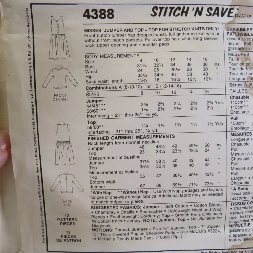 McCalls 4388 clothing pattern Jumper, Top size 12-16
